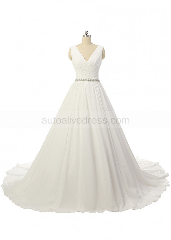 V Neck Ivory Pleated Chiffon Corset Back Wedding Dress